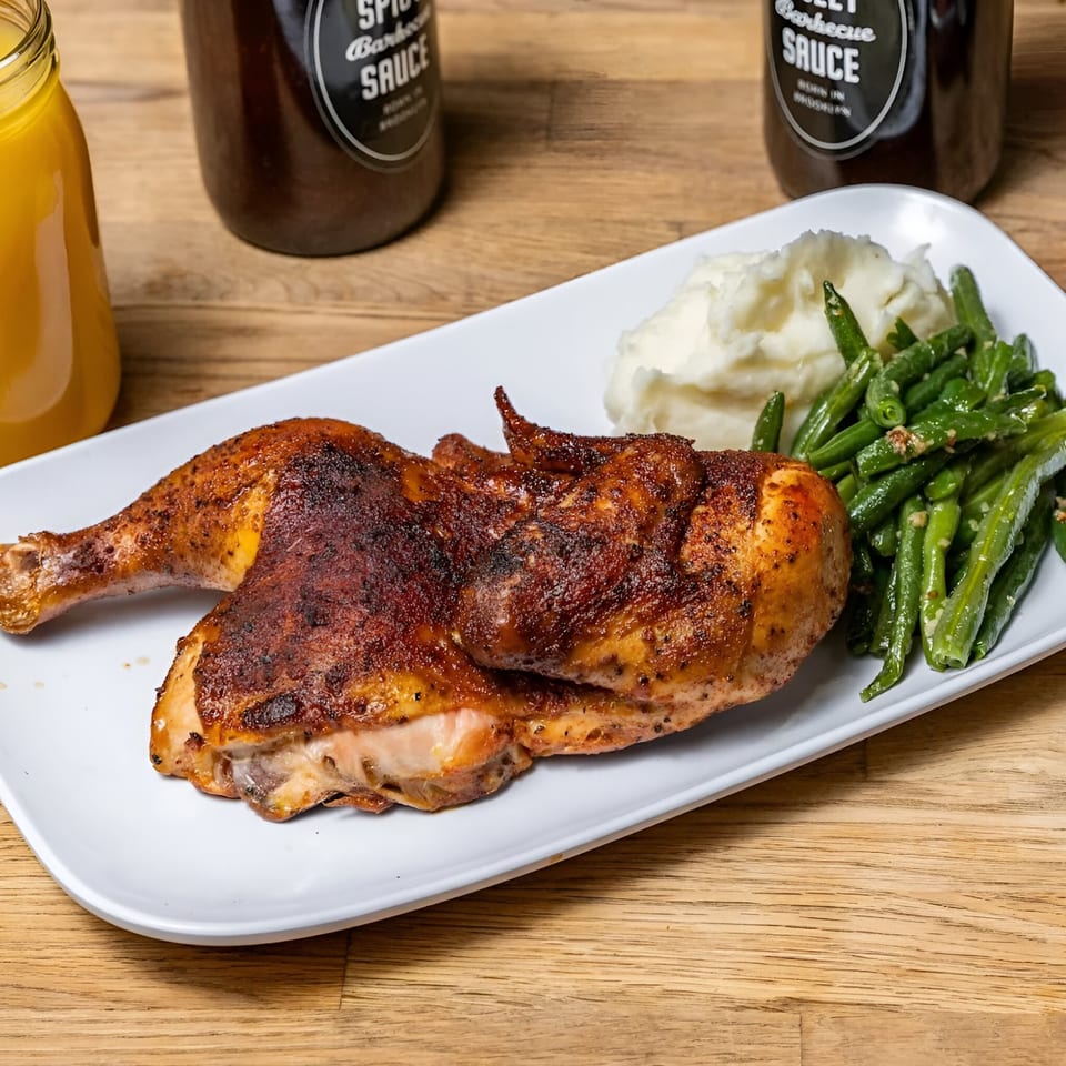 Roasted chicken leg and thigh with mashed potatoes and green beans, with sauces in the background.