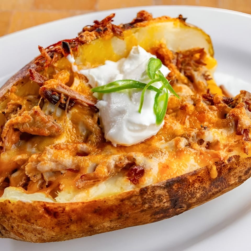 A loaded baked potato with melted cheese, pulled chicken, sour cream, and green onions.